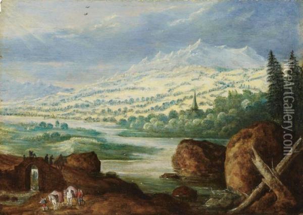 Weite Flusslandschaft Mit Packpferden Oil Painting - Joos De Momper
