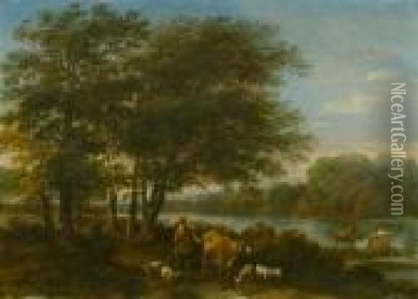 Wooden Landscape With Herdsman And His Cattle. Oil Painting - Nicolaes Berchem