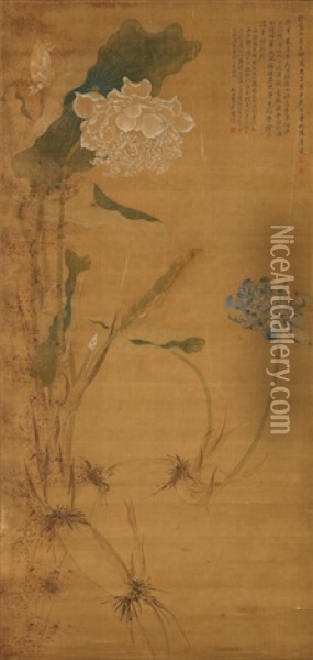 Lotus Root And Flowers Oil Painting -  Tang Yin