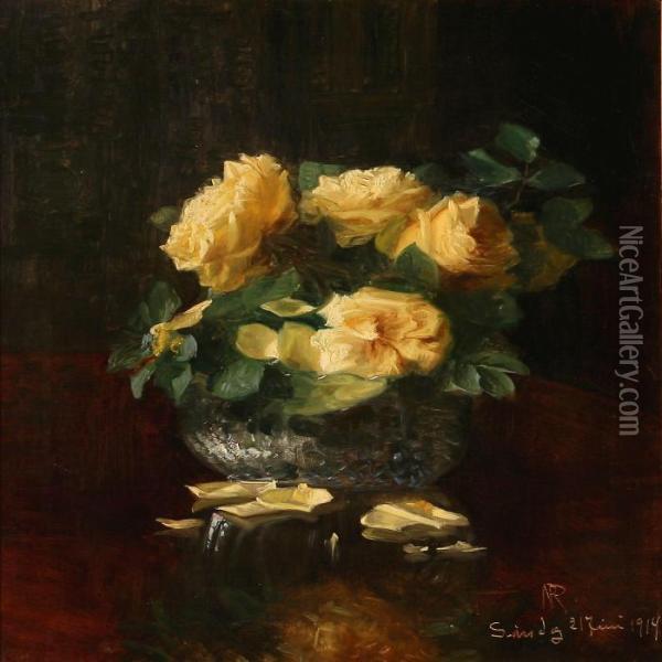 Yellow Roses In A Vase Oil Painting - Niels Peter Rasmussen