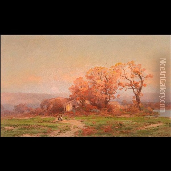 Untitled - Autumnal Sunset With Two Figures Oil Painting - Carl Von Perbandt