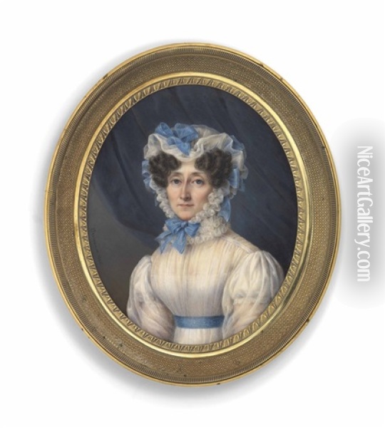 A Lady, In White Dress With Blue Sash, Wearing A White Gauze Cap With Blue Ribbons, Blue Curtain Background Oil Painting - Jean Baptiste Desire Troivaux