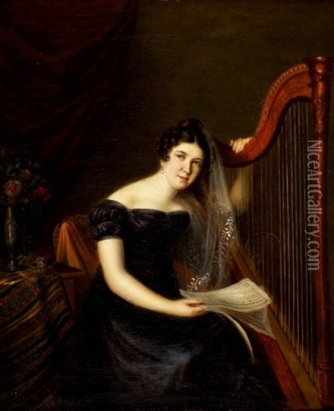 Portrait Einer Dame In Schwarzem Kleid Mit Harfe Oil Painting - Firmin Massot