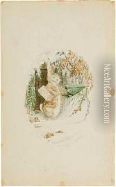 A Rabbit Stepping From His 
Doorway Into The Snow, Basket On Arm, Beginning To Unfurl A Green 
Umbrella. Oil Painting - Helen Beatrix Potter