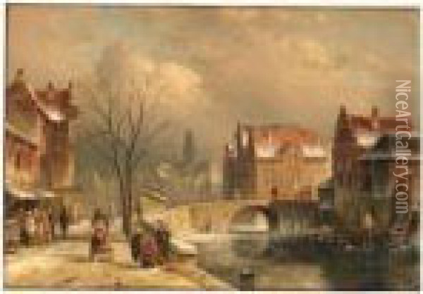 Winter: Villagers On A Snowy Street By A Canal Oil Painting - Charles Henri Leickert