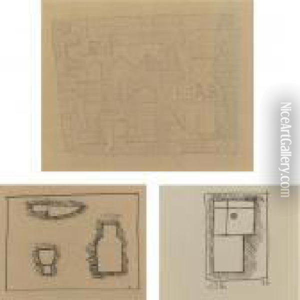 A Group Of Three Drawings: 
Drawing With Objects; Abstract Form; Objects With Lines In 
Contraposition Oil Painting - Joaquin Torres-Garcia