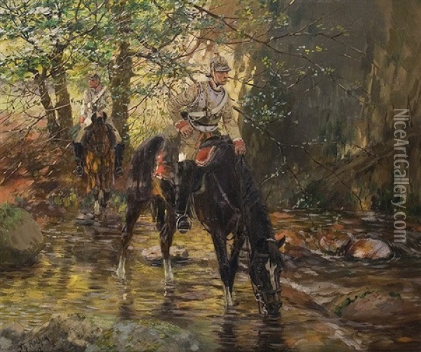 Guard Cuirassiers At Forest Brook Oil Painting - Theodor Rocholl