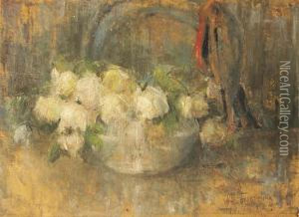 Biale Roze W Wazonie, Okolo 1918 Oil Painting - Olga Boznanska