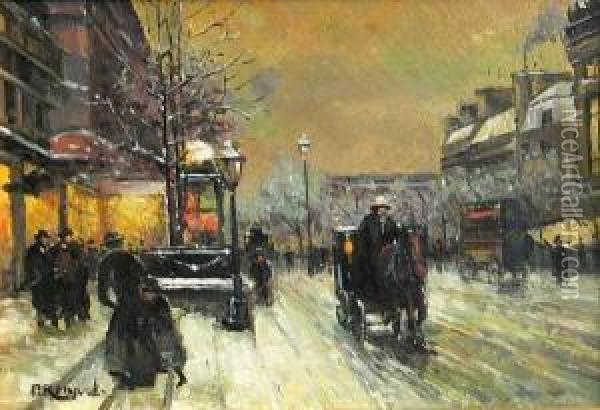 A Parisian Street Scene In Winter Oil Painting - Paul Renard