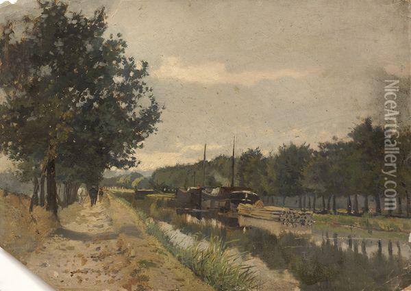 Peniche Sur Le Canal Et Chemin De Halage. Oil Painting - Edmond Marie Petitjean