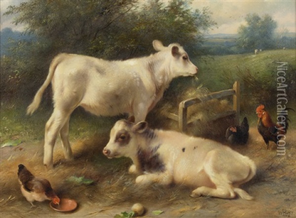Calves And Chickens Oil Painting - Walter Hunt
