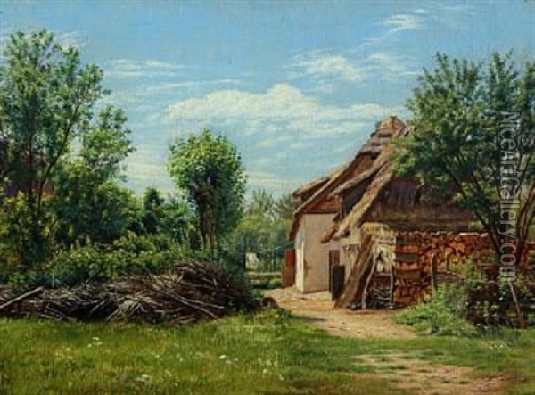 Ved Et Bondehus, Sommerdag Oil Painting - Ernst Christian Clausen Laub