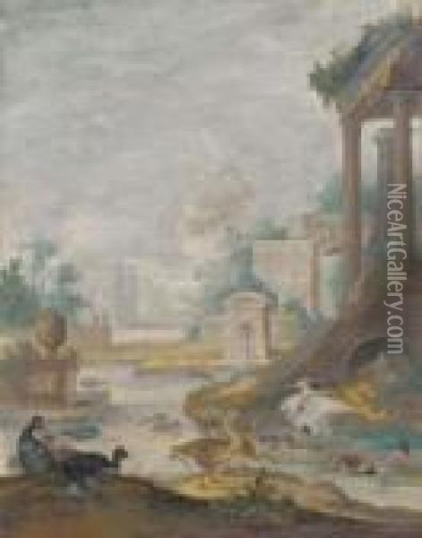 A Classical Landscape With Wildfowl Oil Painting - Johannes Bronkhorst
