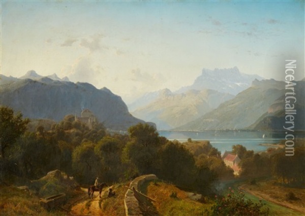 View Of Lake Geneva Oil Painting - Johannes Bartholomaeus Duntze