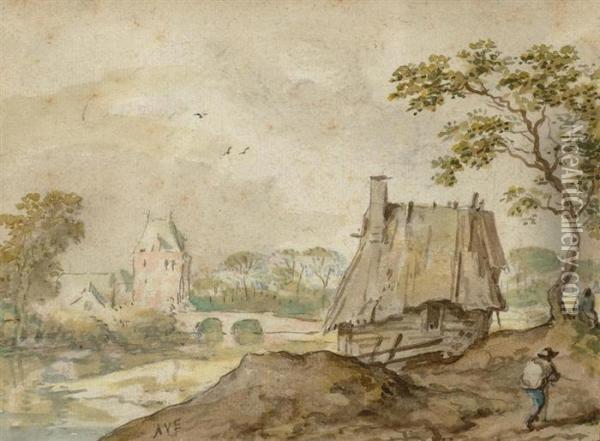 River Landscape With Peasant Hut And Traveller Oil Painting - Allart Van Everdingen
