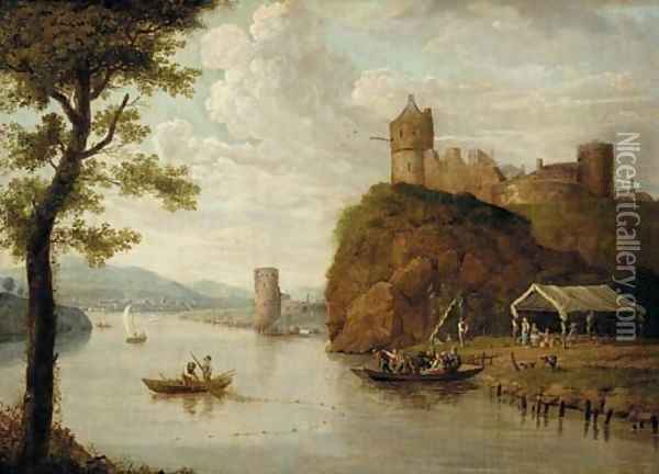 A river landscape with a ferry crossing before a hilltop castle, a town beyond Oil Painting - Johann Christian Vollerdt or Vollaert