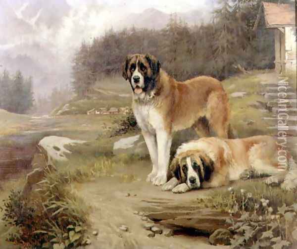 Two St. Bernards in an Alpine Landscape Oil Painting - Leghe Suthers