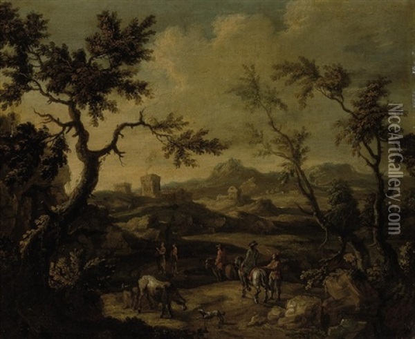 A Wooded Landscape With Travellers Conversing On A Path Oil Painting - Giovanni Battista Cimaroli