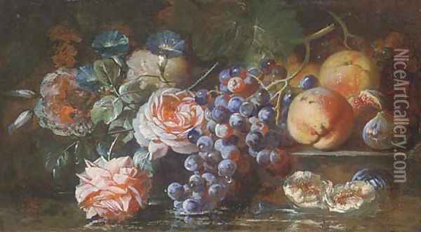Grapes on the vine, figs, peaches, roses and morning glory resting on a stone ledge before a pool of water Oil Painting - Franz Werner von Tamm