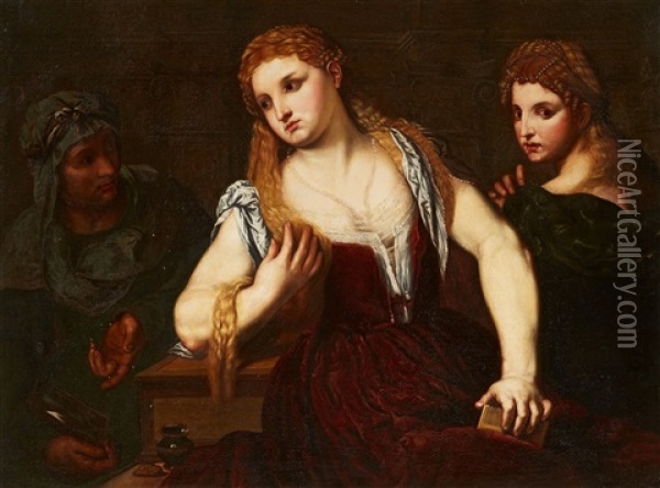 Venetian Lady At Her Toilette Oil Painting - Paris Bordone