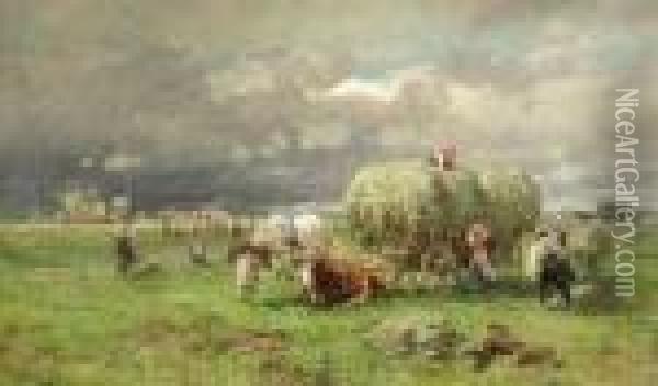 Hay Harvestbefore A Thunderstorm Oil Painting - Karl Stuhlmuller