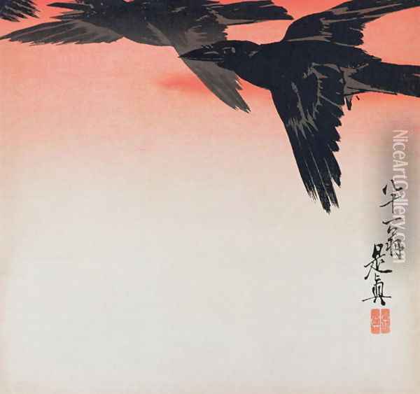 Crows in flight in a red sky Oil Painting - Shibata Zeshin