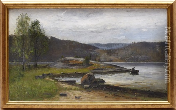 Insjolandskap Med Fiskare Oil Painting - Olof Hermelin