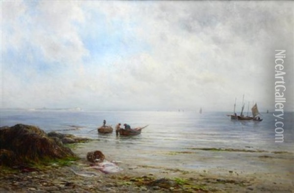 Beaches Fishing Boats, Low Tide, Dover Oil Painting - Gustave de Breanski