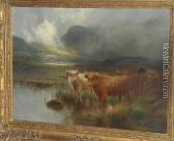 Highland Cattle By A Loch Oil Painting - Louis Bosworth Hurt