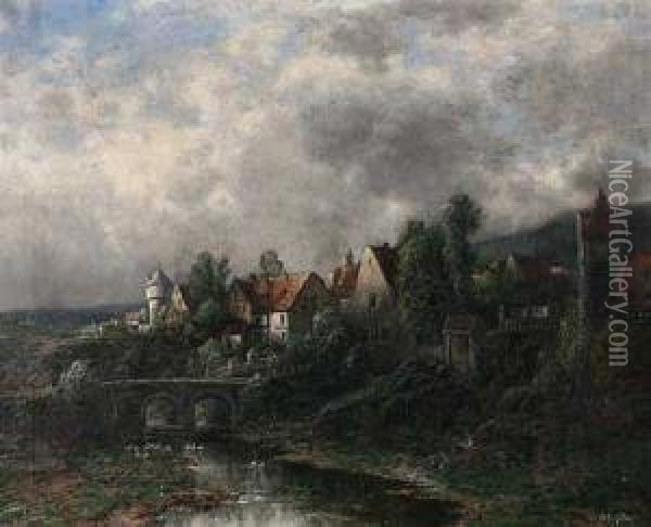 Kleinestadt Oberhalb Eines Flusses In Sommerlicher Landschaft Oil Painting - Eduard Josef Muller