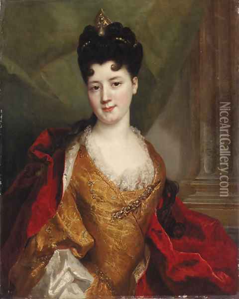 Portrait of a lady, said to be a member of the De Gagne de Perrigny family, three-quarter-length, in an embroidered gold dress with a red mantle Oil Painting - Nicolas de Largilliere