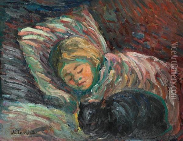 Girl With Cat Oil Painting - Nikolai Aleksandrovich Tarkhov