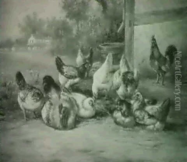 Chickens Outside A Stable Oil Painting - August Laux
