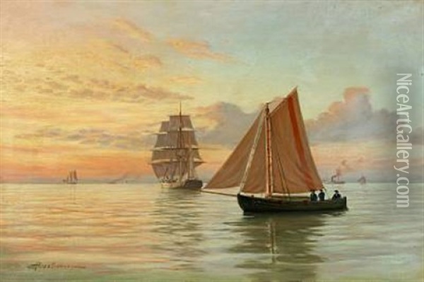 Seascape With Several Vessels In The Evening Sun Oil Painting - Andreas Christian Riis Carstensen