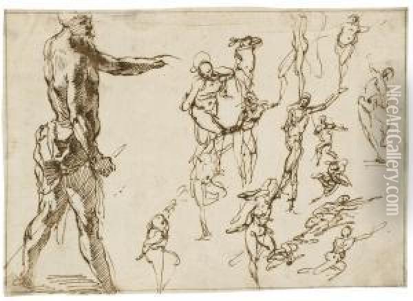 A Standing Man In Profile 
Holding A Spear, With Smaller, Rapidlystudied Nude Figures To The Right Oil Painting - Agostino Carracci
