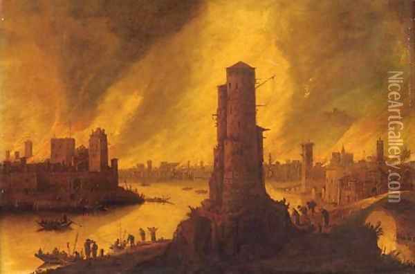 A burning city by a river with figures fleeing in the foreground Oil Painting - Dirck Verhaert