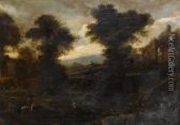 Landscape With Figures By A River And Ruinsbeyond Oil Painting - Salvator Rosa