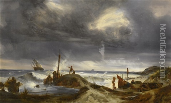 La Greve Animee Par Temps D'orage Oil Painting - Antoine Guindrand