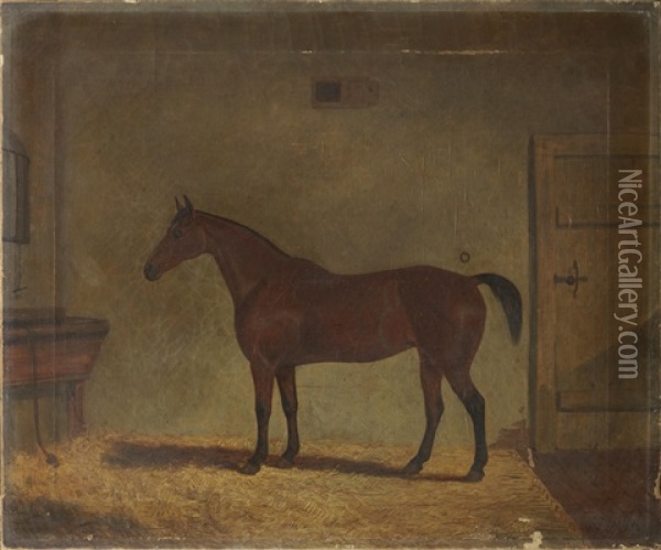 A Portrait Of A Chestnut Mare In Her Stable Oil Painting - Richard Whitford Jr.