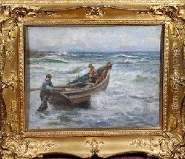 Two Fishermen Launching A Coble Off A Beach Oil Painting - Robert Jobling