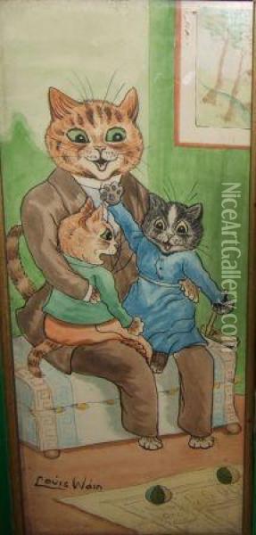 Watercolour, A Cat Family, 11