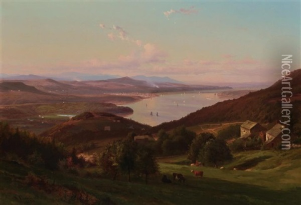 Hudson River Landscape Oil Painting - Johann Hermann Carmiencke