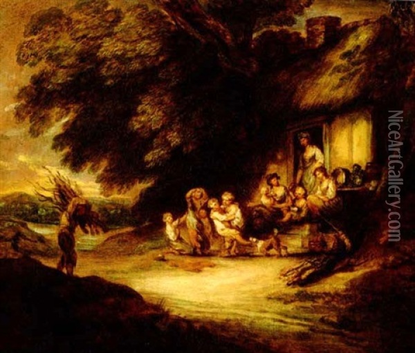 Cottage Door With Mothers Tending Their Children At Play Oil Painting - Gainsborough Dupont
