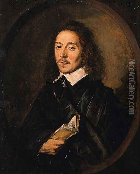 Portrait of a gentleman, half-length, in a black coat and collar, holding a book Oil Painting - Frans Hals