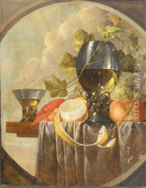 Still Life With Roemer, Lobster, Bread, Grapes And Lemons On A Table Top Oil Painting - David Cornelisz. de Heem