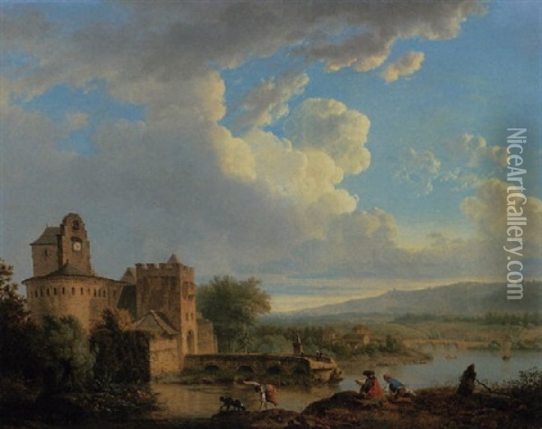 An Extensive River Landscape With A Castle, An Artist Sketching On The Bank In The Foreground Oil Painting - Francois-Leonard Dupont