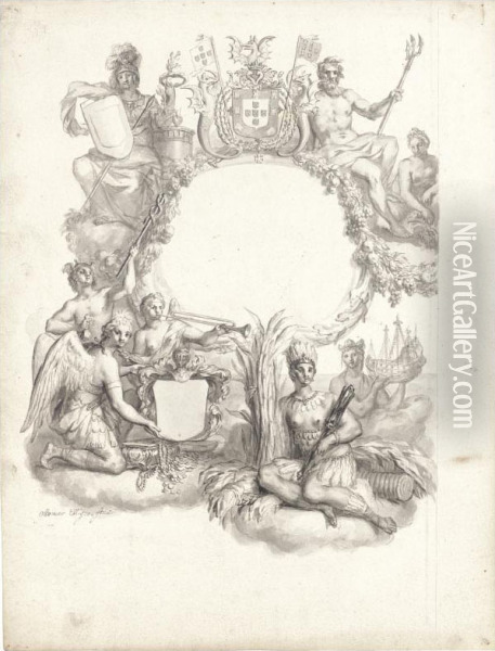 A Design For A Frontispiece With An Allegory Of Brazil Oil Painting - Ottmar, the Younger Elliger