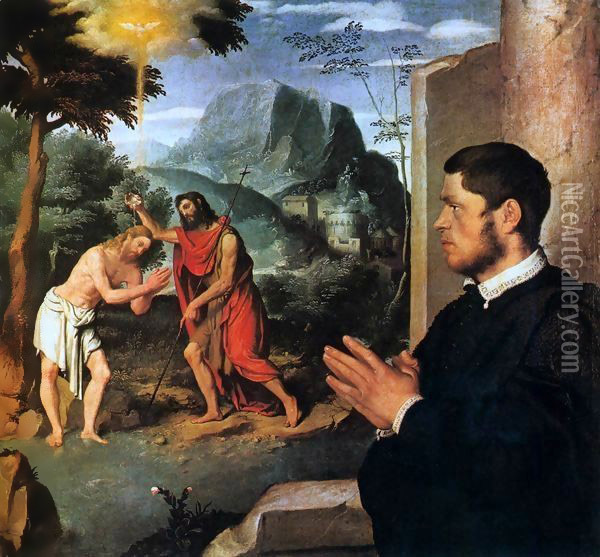 The Baptism of Christ with a Donor Oil Painting - Giovanni Battista Moroni