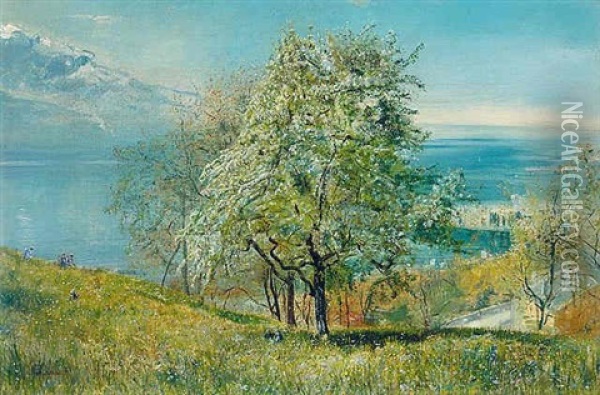 The Lake Of Geneva From The North Oil Painting - John William Inchbold