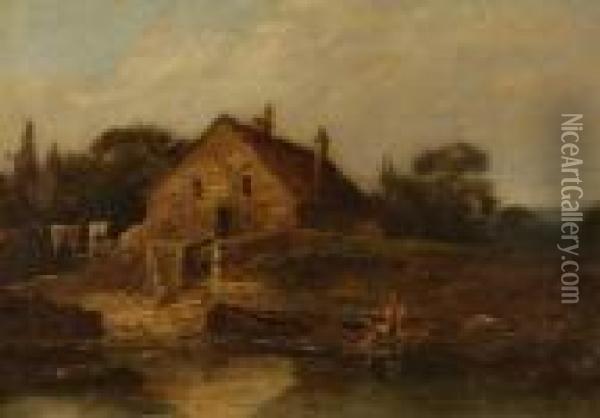 Figures By A Riverside Cottage Oil Painting - George Vincent